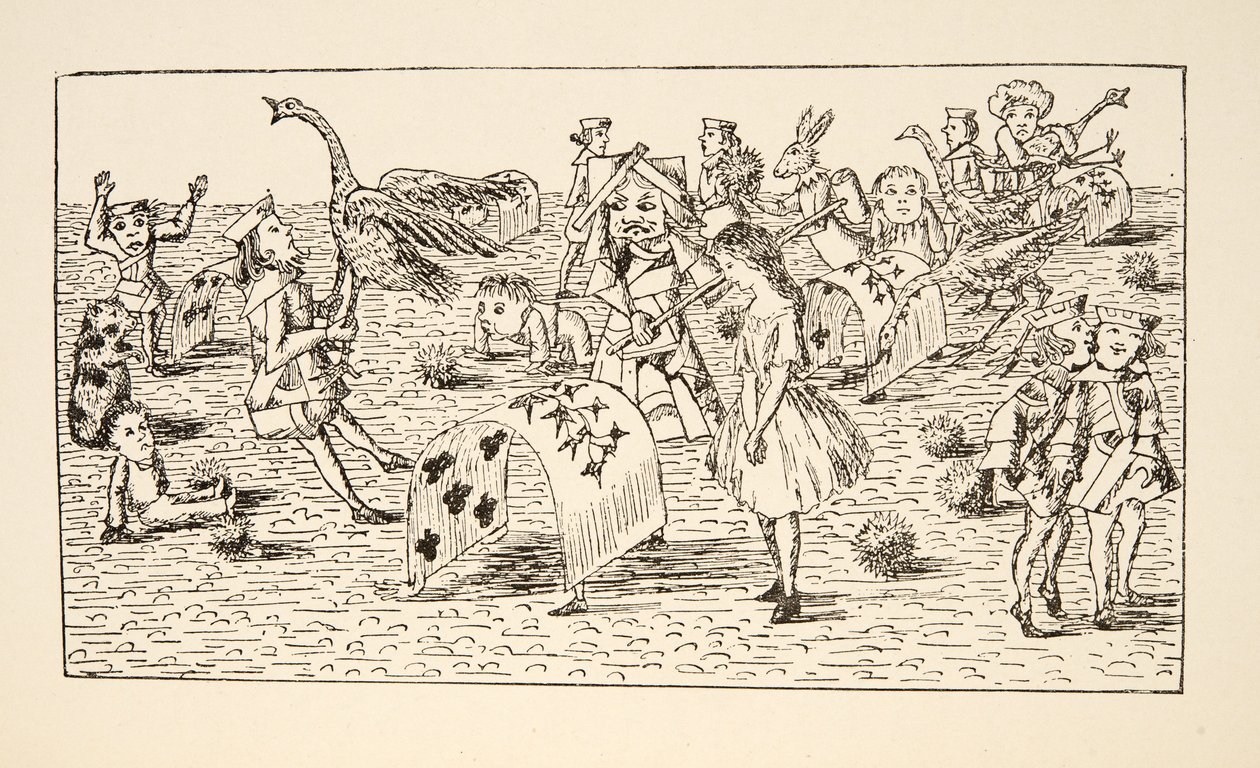 Alicja i Czerwona Królowa grają w krokieta, ilustracja z Alice