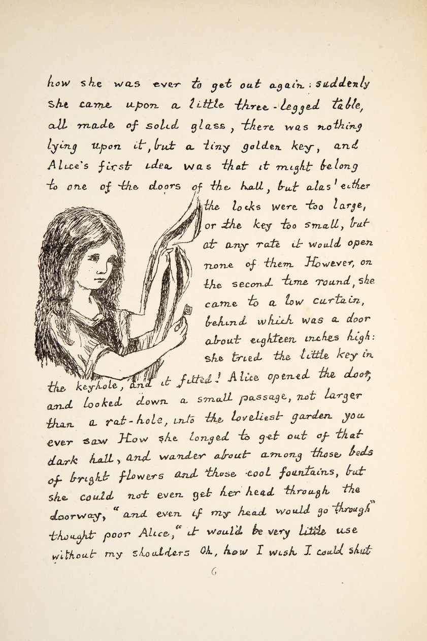 Alicja znajduje Złoty Klucz, ilustracja z Alice Adventures Under Ground, wyd. 1886 (faksymile) autorstwa Charles Lutwidge Dodgson