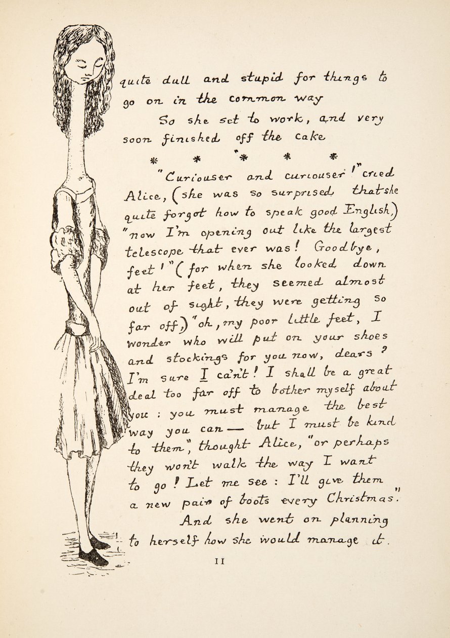 Curiouser and Curiouser, ilustracja z Alices Adventures Under Ground, pub. 1886 (faksymile) autorstwa Charles Lutwidge Dodgson