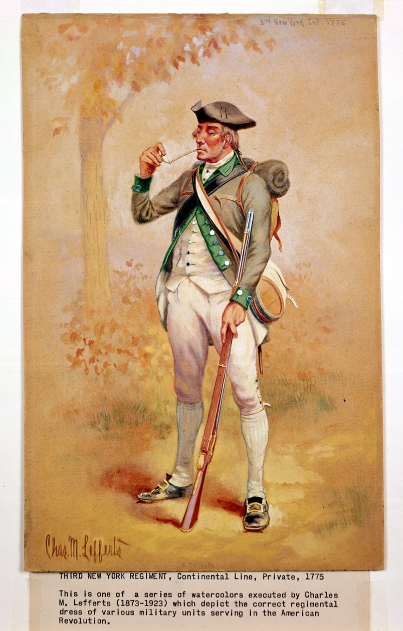 Mundur szeregowca linii kontynentalnej w 3. regimencie nowojorskim z 1775 r., ok. 1920 r. autorstwa Charles MacKubin Lefferts