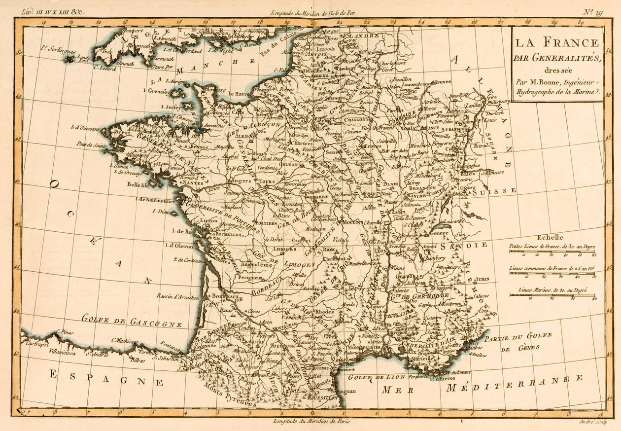 Francja według regionów, z „Atlasu wszystkich znanych części globu ziemskiego” Guillaume