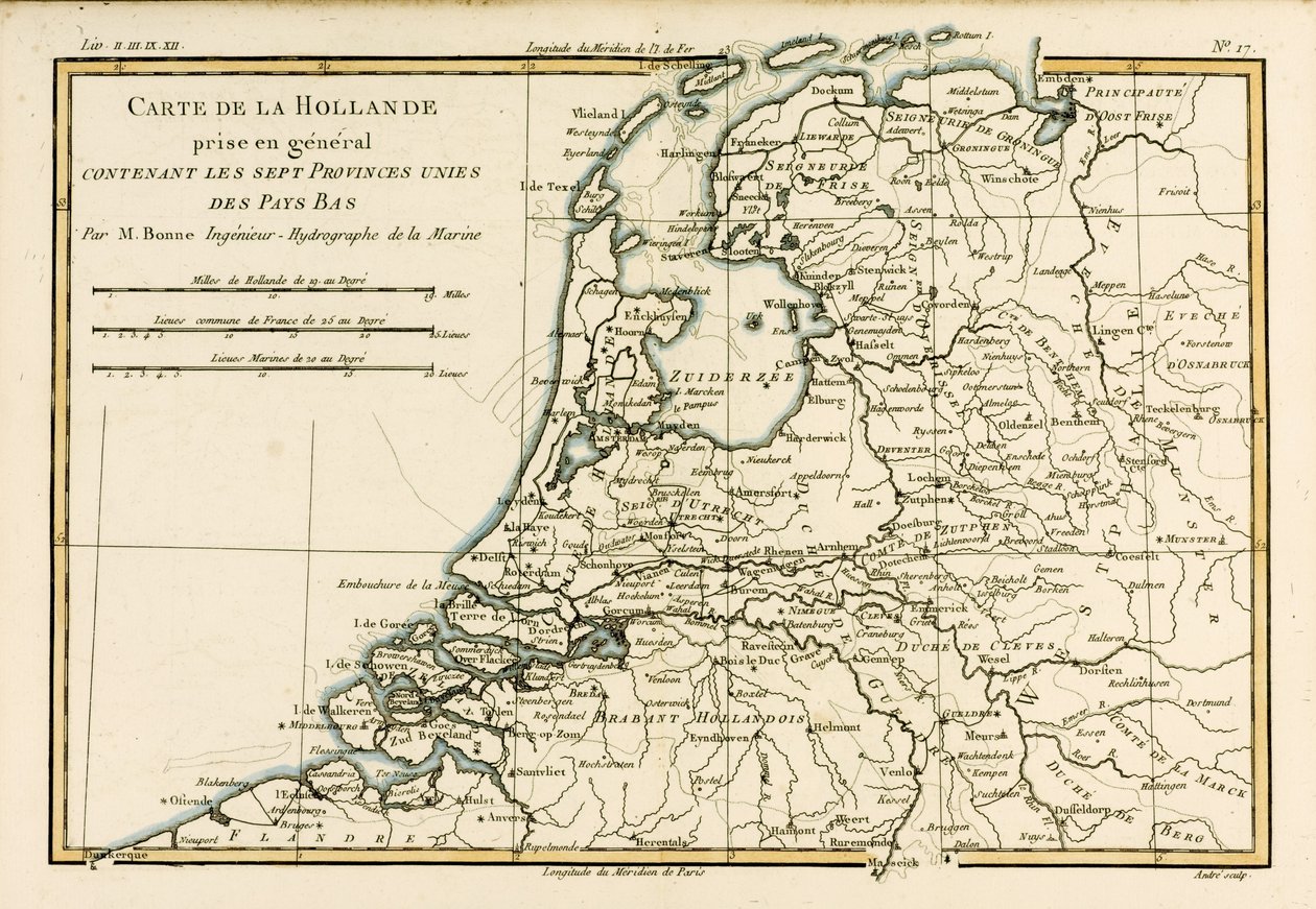 Holandia Łącznie z Siedmioma Zjednoczonymi Prowincjami Niderlandów, z „Atlas de Toutes les Parties Connues du Globe Terrestre” Guillaume