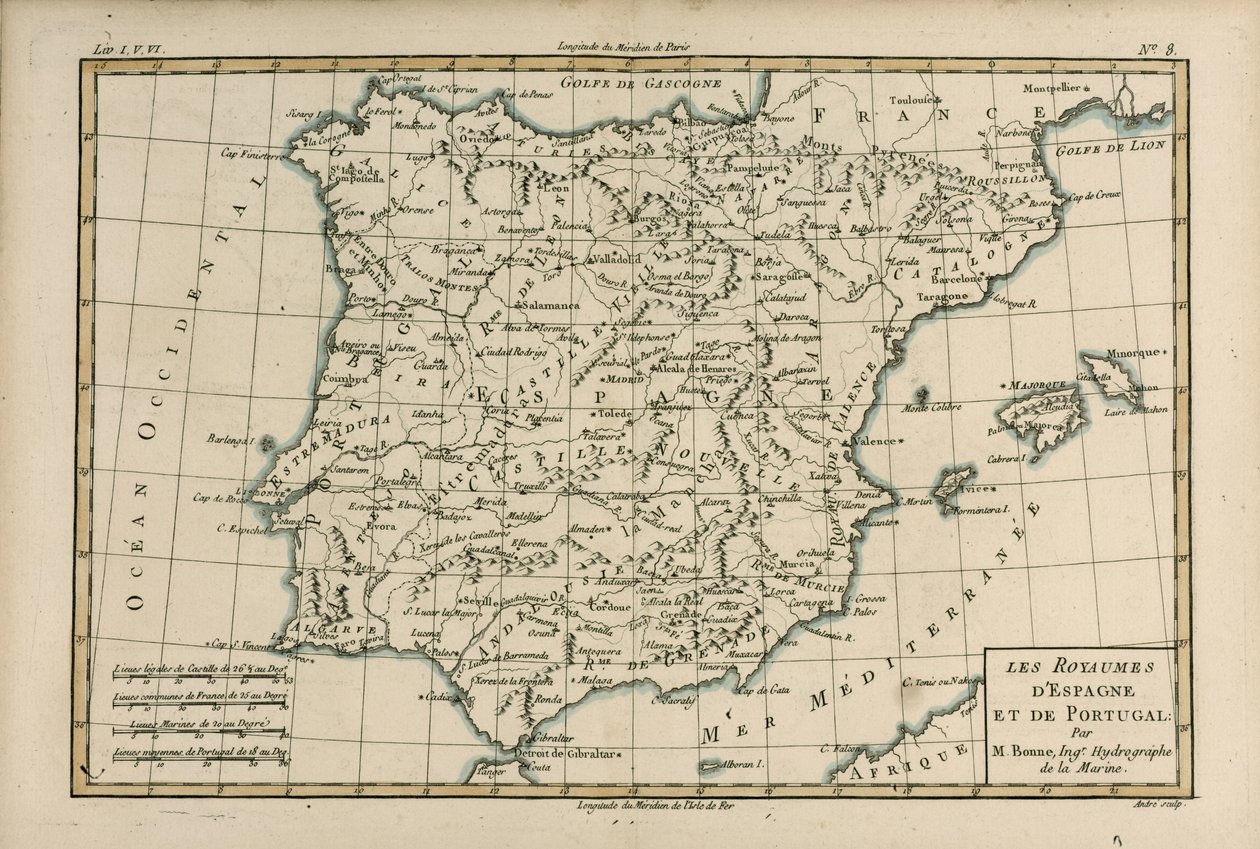 Hiszpania i Portugalia, z „Atlasu Wszystkich Znanych Części Globu Ziemskiego” Guillaume