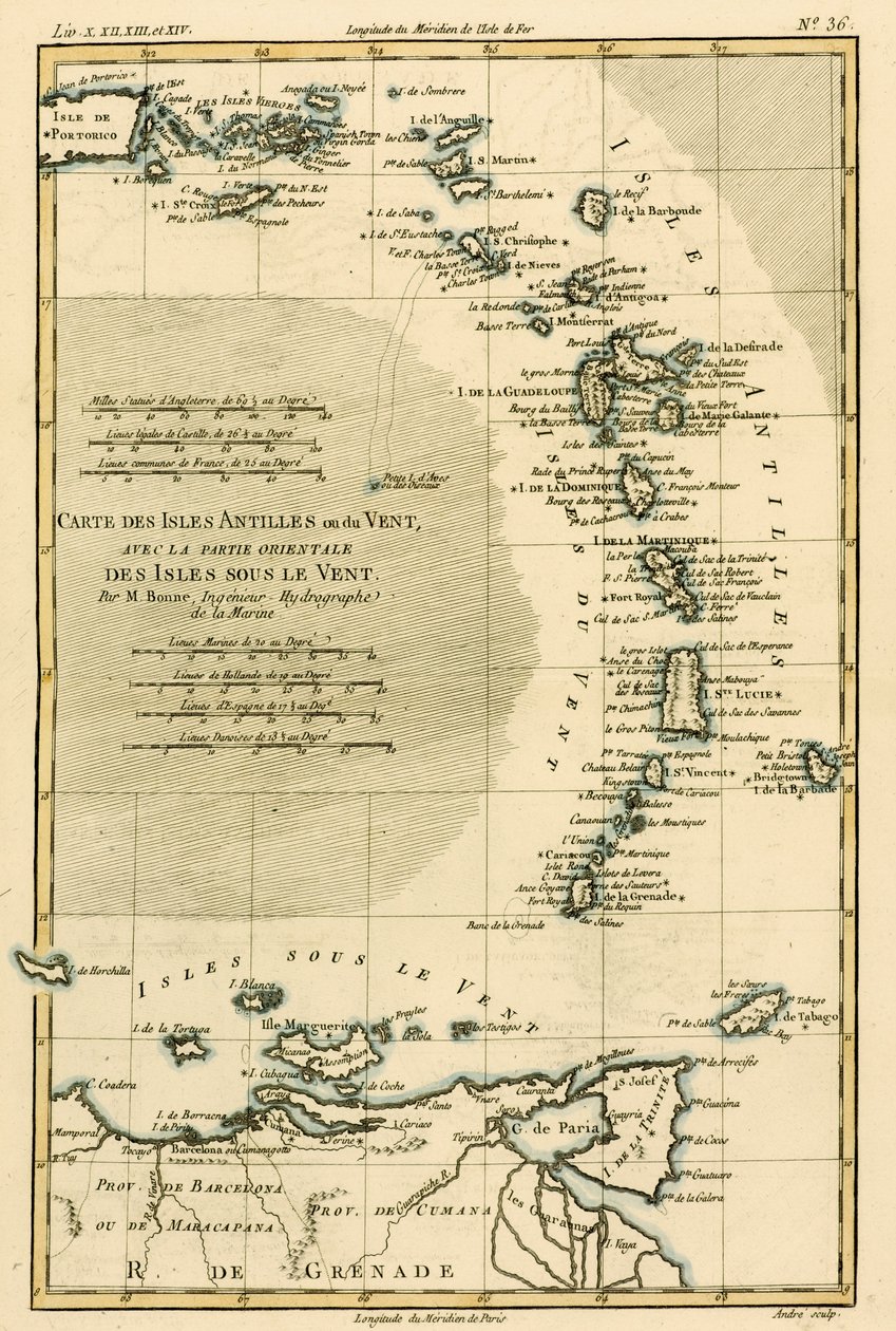 Małe Antyle lub Wyspy Zawietrzne, ze wschodnią częścią Wysp Podwietrznych, z „Atlas de Toutes les Parties Connues du Globe Terrestre” Guillaume