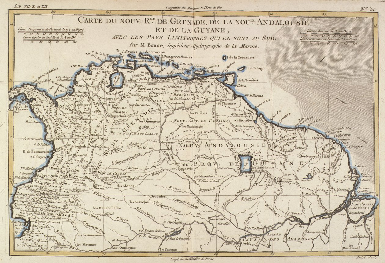 Nowe królestwa Grenady, Nowej Andaluzji i Gujany, z „Atlasu Wszystkich Znanych Części Świata Ziemi” Guillaume Raynal (1713-96) Genewa, 1780 autorstwa Charles Marie Rigobert Bonne