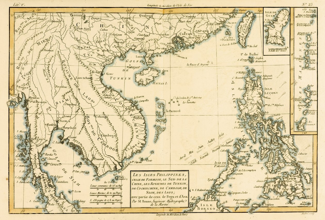 Filipiny, Formosa, Chiny Południowe, Królestwa Tonkin, Chiny Cochin, Kambodża, Syjam, Laos i część królestw Pegu i Ava, z „Atlas de Toutes les Parties Connues du Globe Terrestre” autorstwa G. autorstwa Charles Marie Rigobert Bonne