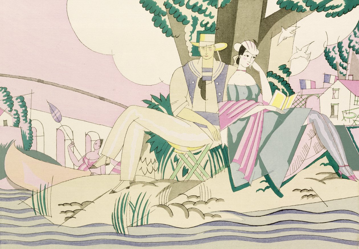 Scena piknikowa i wędkarska, ok.1920 (szablon na papierze) autorstwa Charles Martin