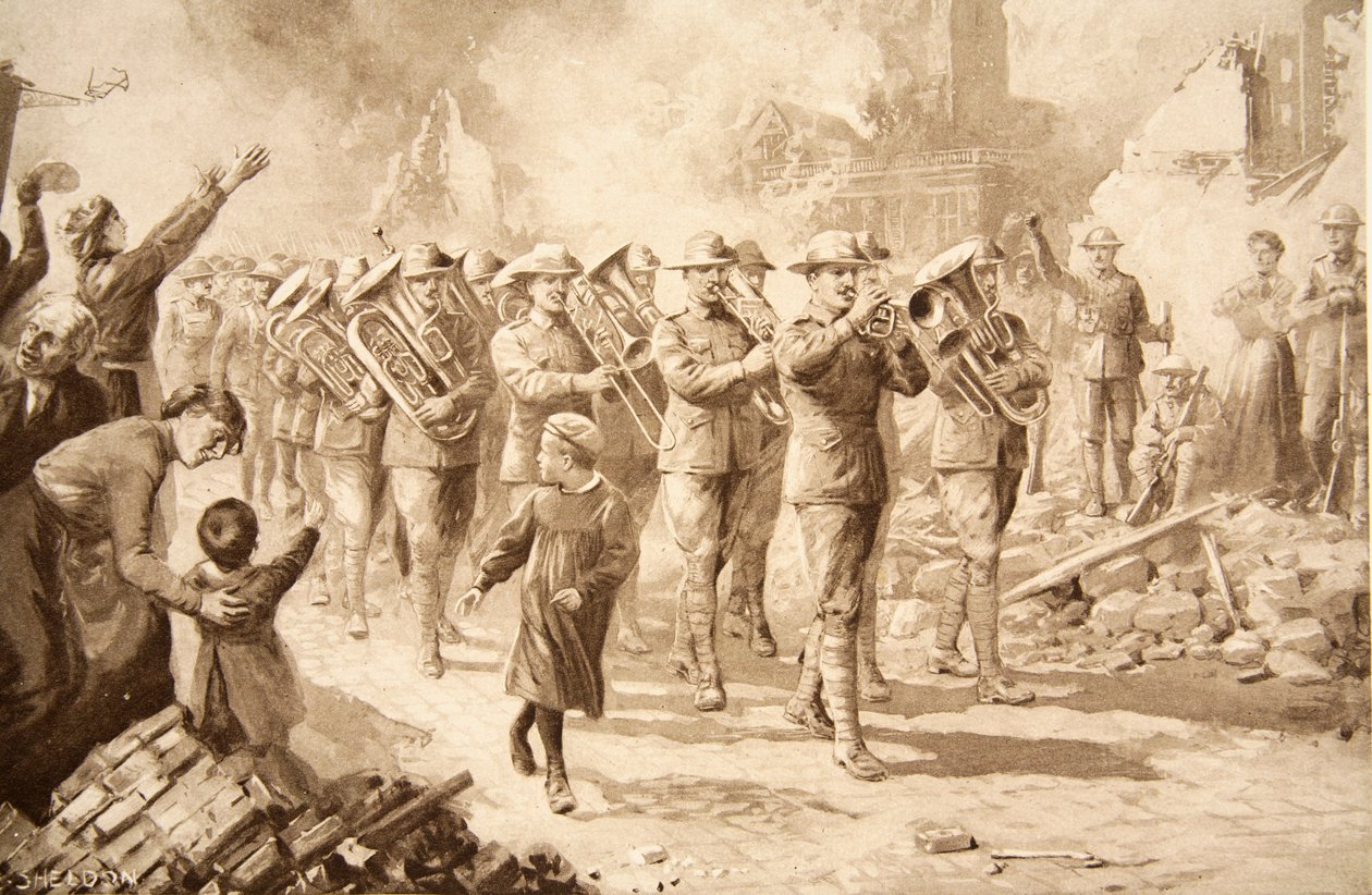 Muzyka triumfu: Zwycięscy Australijczycy wkraczający do Bapaume, 17 marca 1917 r. autorstwa Charles Mills Sheldon