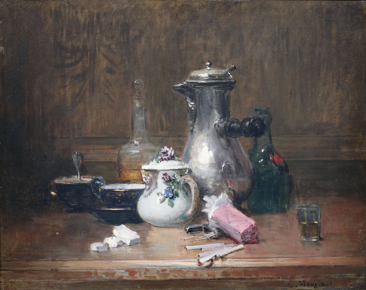 Morte du mor viv bon bon vivant. Martwa natura z przyborami do kawy, butelkami koniaku i papierosami autorstwa Charles Monginot