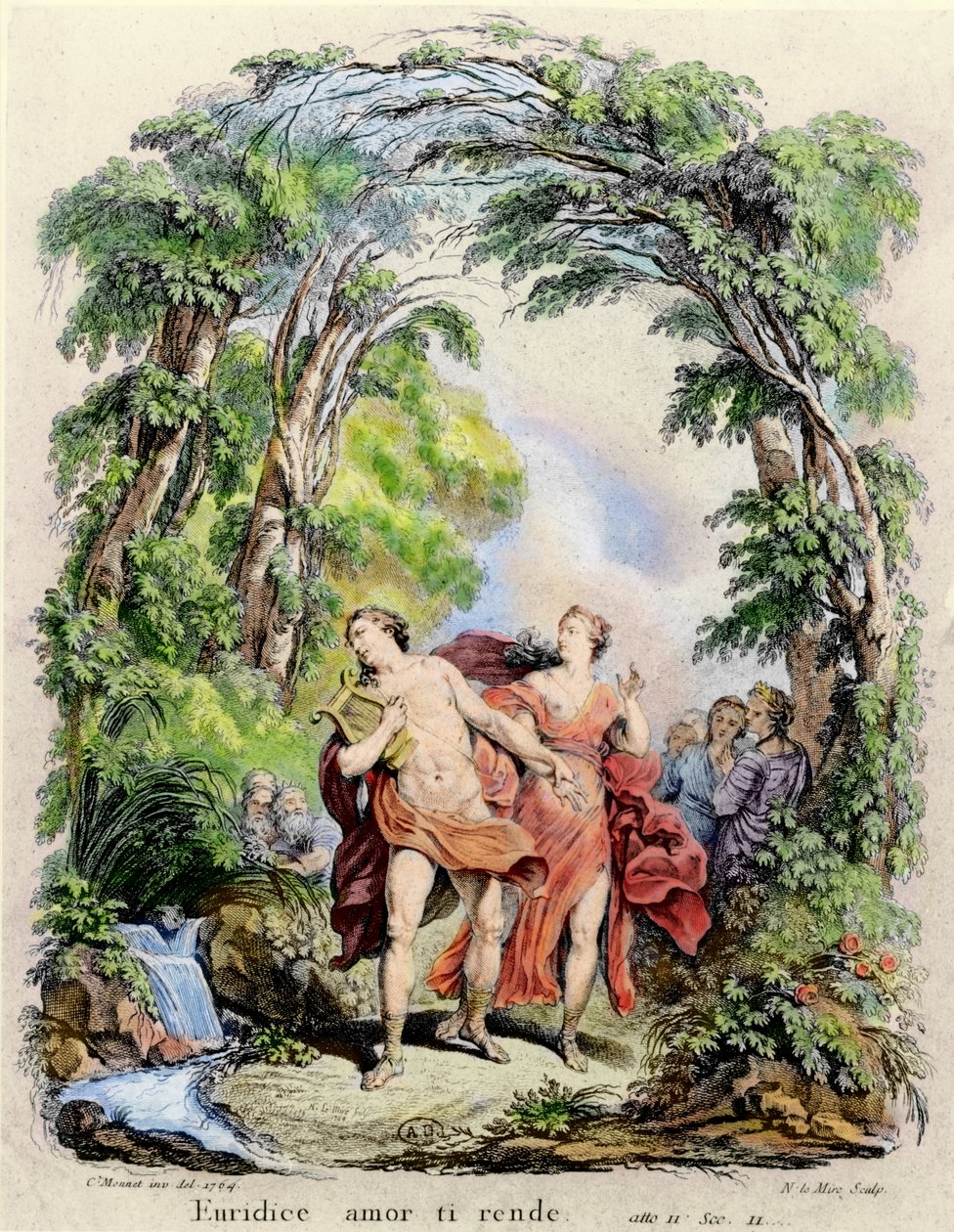 Orfeusz wyprowadza Eurydykę z piekła, ilustracja do opery „Orfeusz i Eurydyka” Christopha von Glucka (1714-87), 1764 autorstwa Charles Monnet