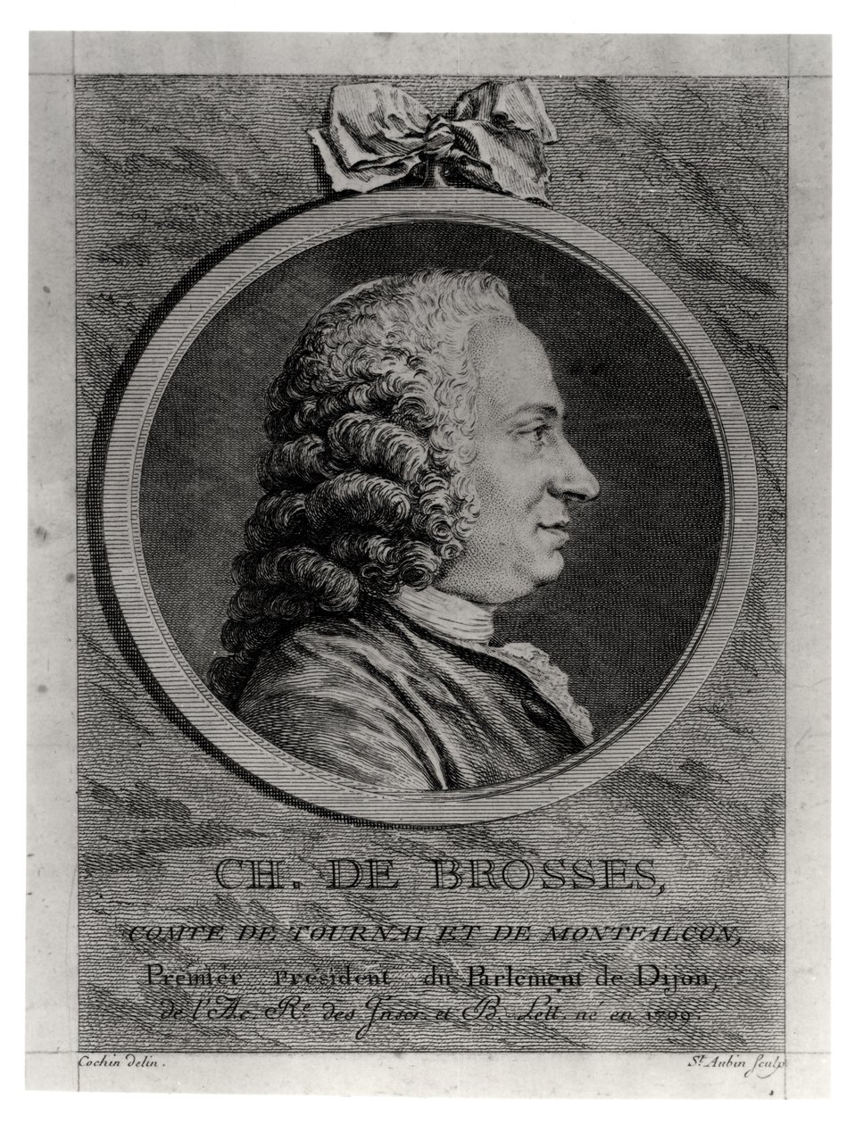 Charles de Brosses (1709-77), hrabia Tournai i Montfaucon, ryty przez Augustyna de Saint-Aubina (1736-1807) autorstwa Charles Nicolas II Cochin