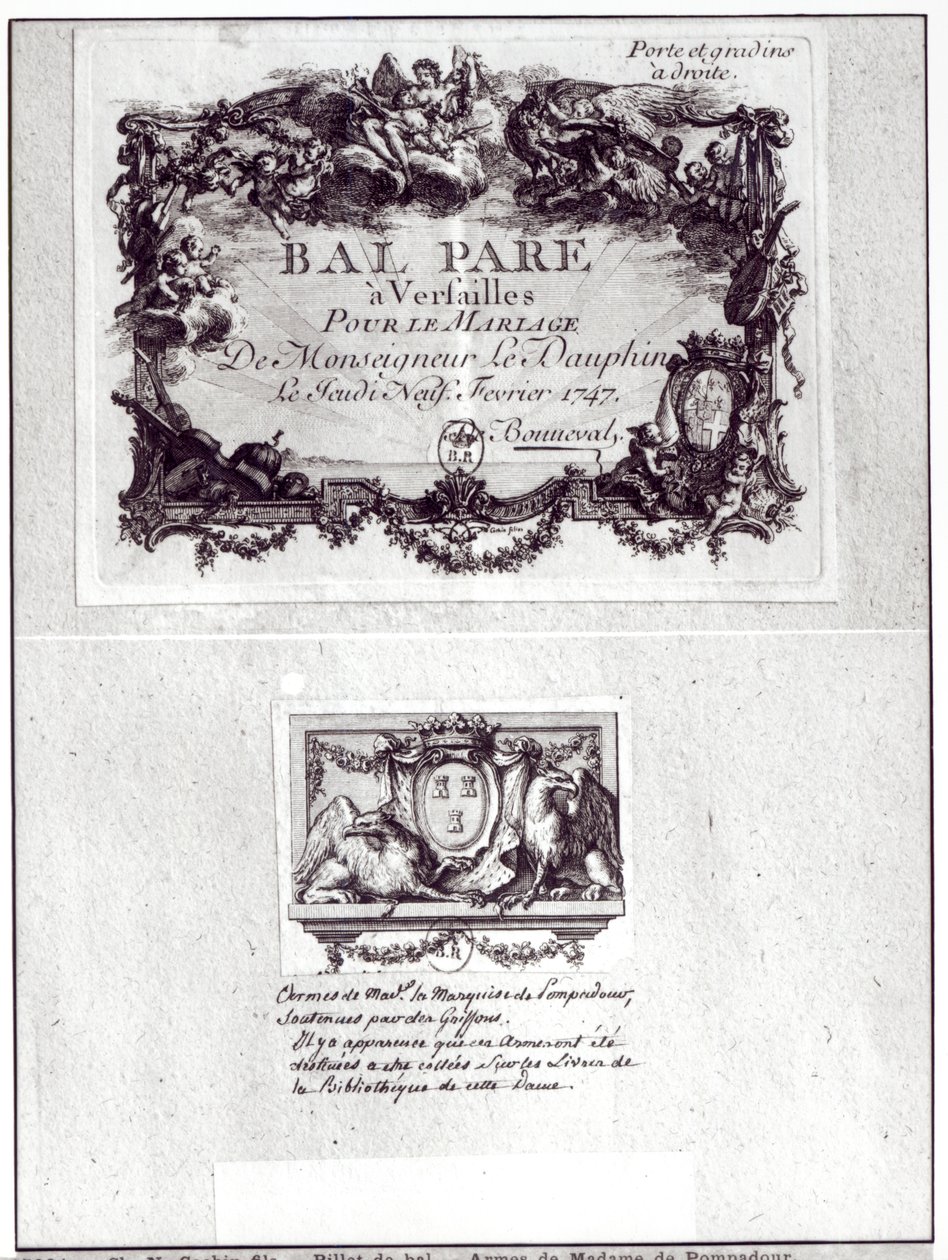 Bilet wstępu na bal w Wersalu na ślub Monseigneur le Dauphin 9 lutego 1747 i Ex Libris z herbem Madame de Pompadour (1721-64) autorstwa Charles Nicolas II Cochin