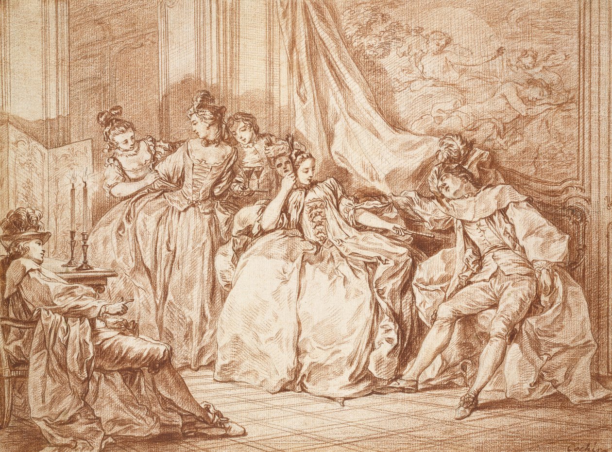 Zabawa biesiadników (grafit z czerwoną kredą na białym papierze, obrysowany czarnym tuszem) autorstwa Charles Nicolas II Cochin