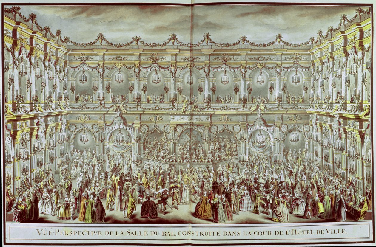 Widok perspektywiczny na salę balową wybudowaną na dziedzińcu Hotelu de Ville w Paryżu z okazji pierwszego małżeństwa Delfina z Marią Teresą (1638-83) Infantka hiszpańska autorstwa Charles Nicolas II Cochin
