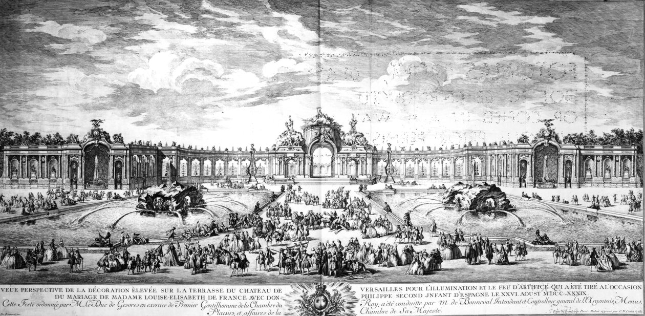 Versalio terasos perspektyvinis vaizdas prancūzės Louise Elisabeth ir Ispanijos Pilypo santuokos proga 1739 m., graviruotas Charleso Nicolas Cochin fils, 1741 m. poli autorstwa Charles Nicolas II Cochin