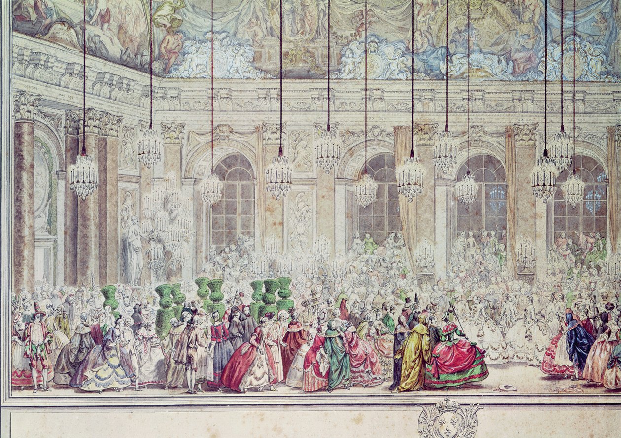 Bal maskowy w Galerie des Glaces z okazji ślubu Delfina z Marią Teresą, 17 lutego 1745 r. (pióro, tusz i wc na papierze) (detal) autorstwa Charles Nicolas II Cochin