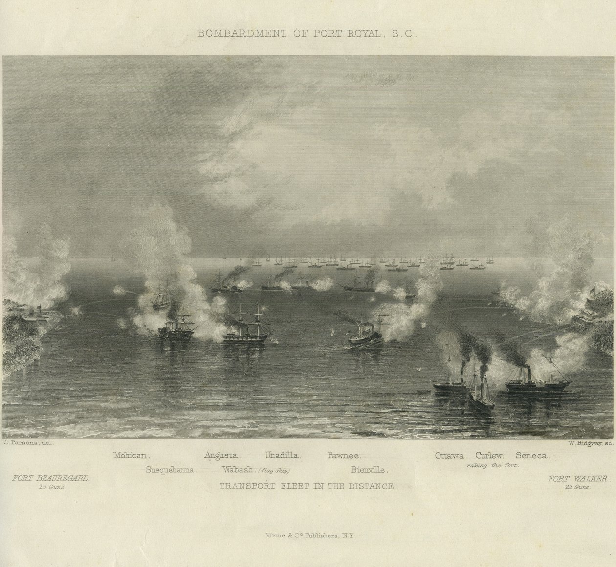 Bombardowanie Port Royal, S.C., c. 1861 autorstwa Charles Parsons