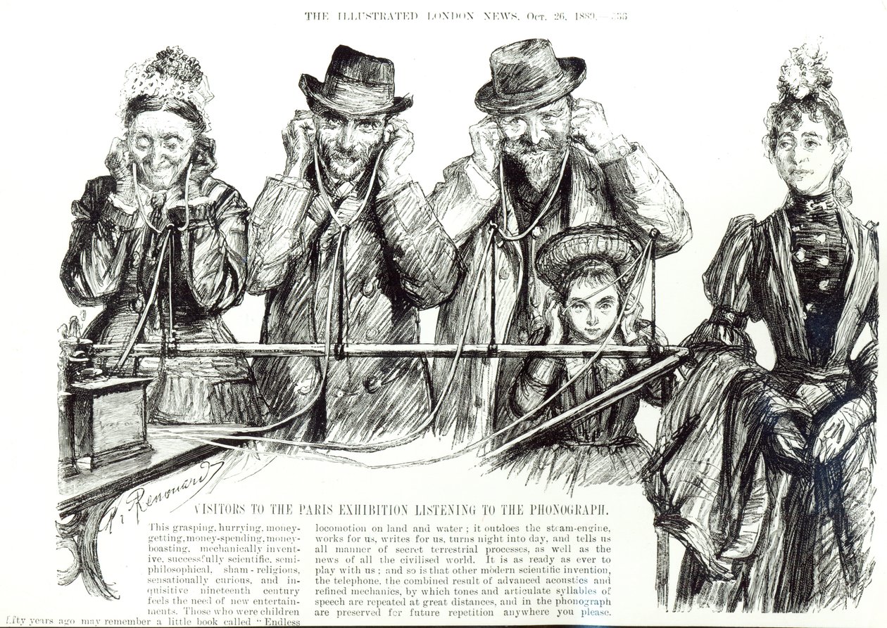 Zwiedzający Wystawę Paryską słuchający fonografu, z "The Illustrated London News", 26 października 1889 (zdjęcie b w) autorstwa Charles Paul Renouard