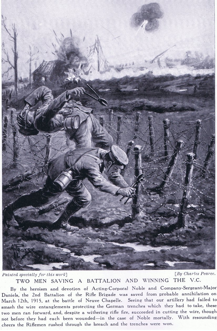 Dwaj mężczyźni ratujący batalion i zdobywający VC w bitwie pod Neuve Chapelle w marcu 1915 r. autorstwa Charles Pears