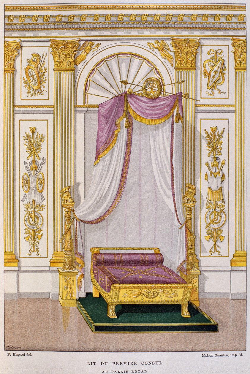 Łóżko Napoleona I Bonaparte (1769-1821) Pierwszego Konsula w Palais Royal, ilustracja z "Dictionnaire de l