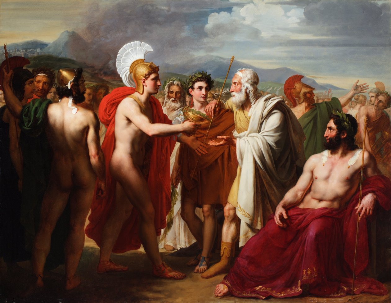 Achilles wręcza Nestorowi nagrodę Mądrości podczas Igrzysk Pogrzebowych autorstwa Charles Philippe Lariviere
