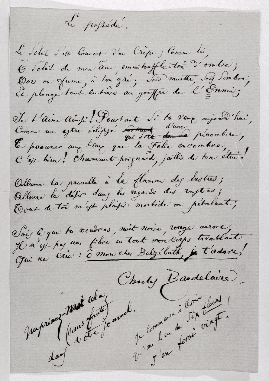Poemat z autografem „Le Possede” autorstwa Charles Pierre Baudelaire