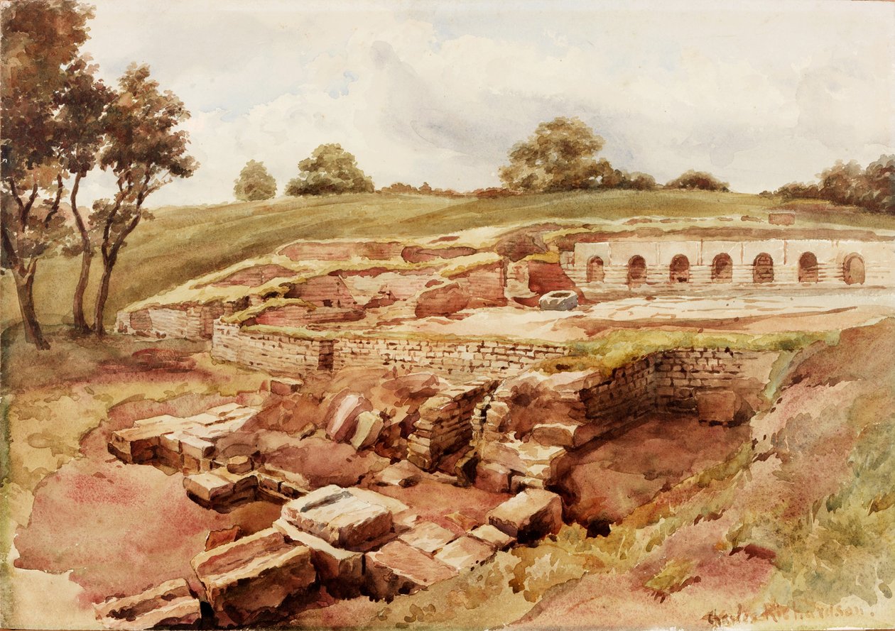 Łaźnie rzymskie, Chesters, North Tyne (North View) (kolor nadwozia, ołówek i toaleta na papierze) autorstwa Charles Richardson