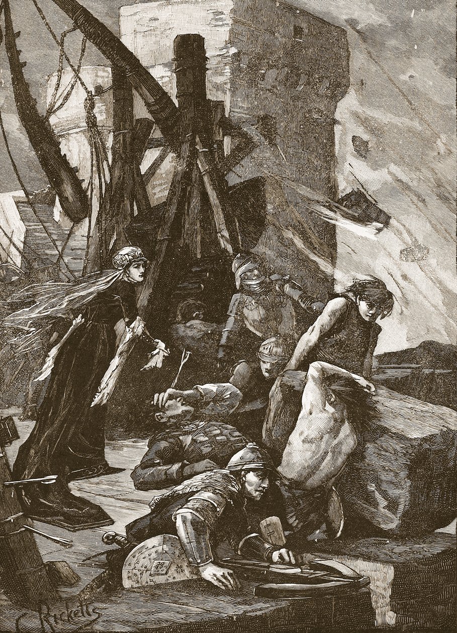 Black Agnes podczas oblężenia zamku Dunbar, ilustracja z "Cassell