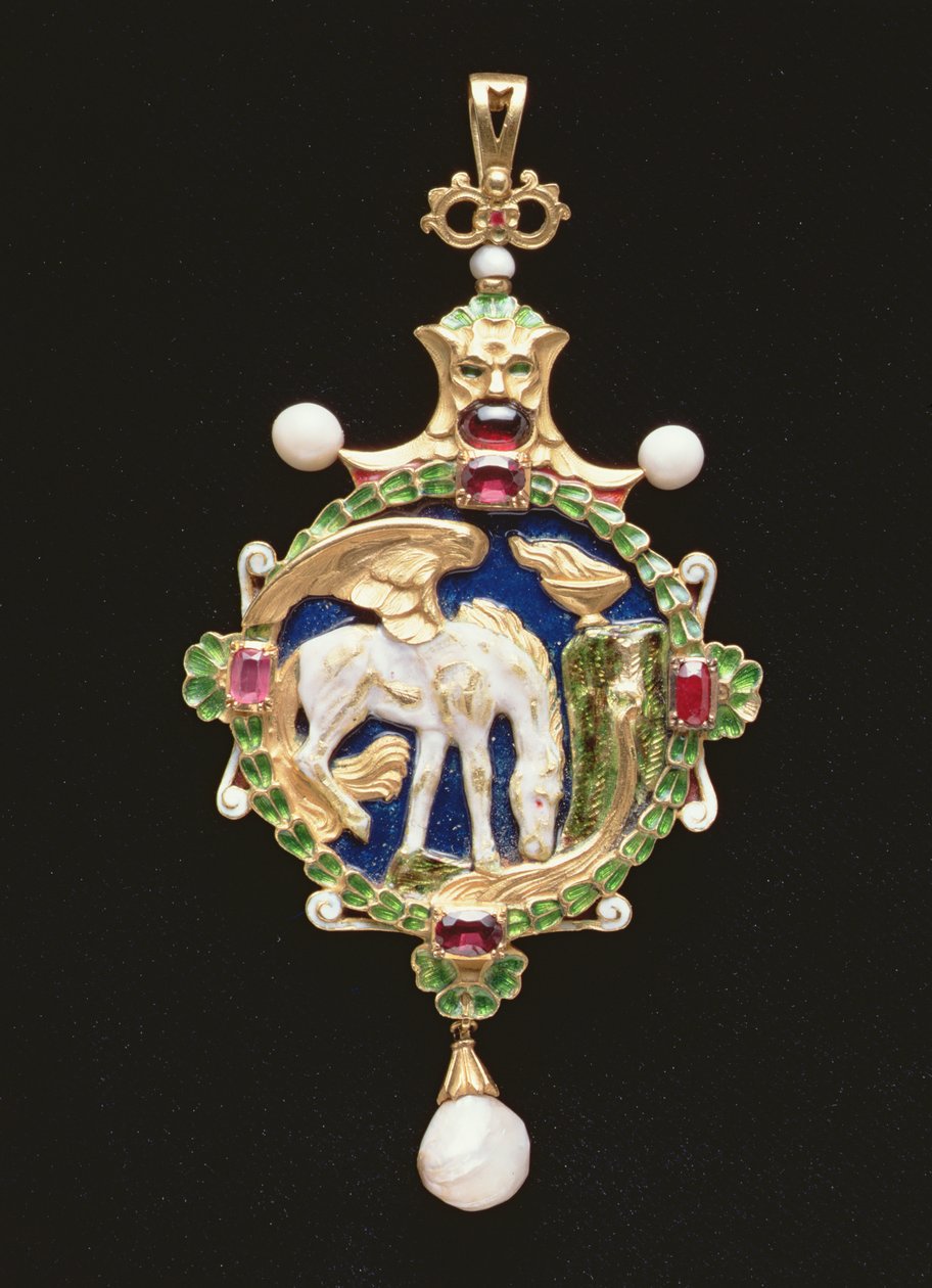 Wisiorek Pegaz zawierający miniaturę panny Edith Emily Cooper, zamknięty, 1901 (złoto i emalia, perły, granaty i rubiny) (od wewnątrz patrz 109663) autorstwa Charles Ricketts