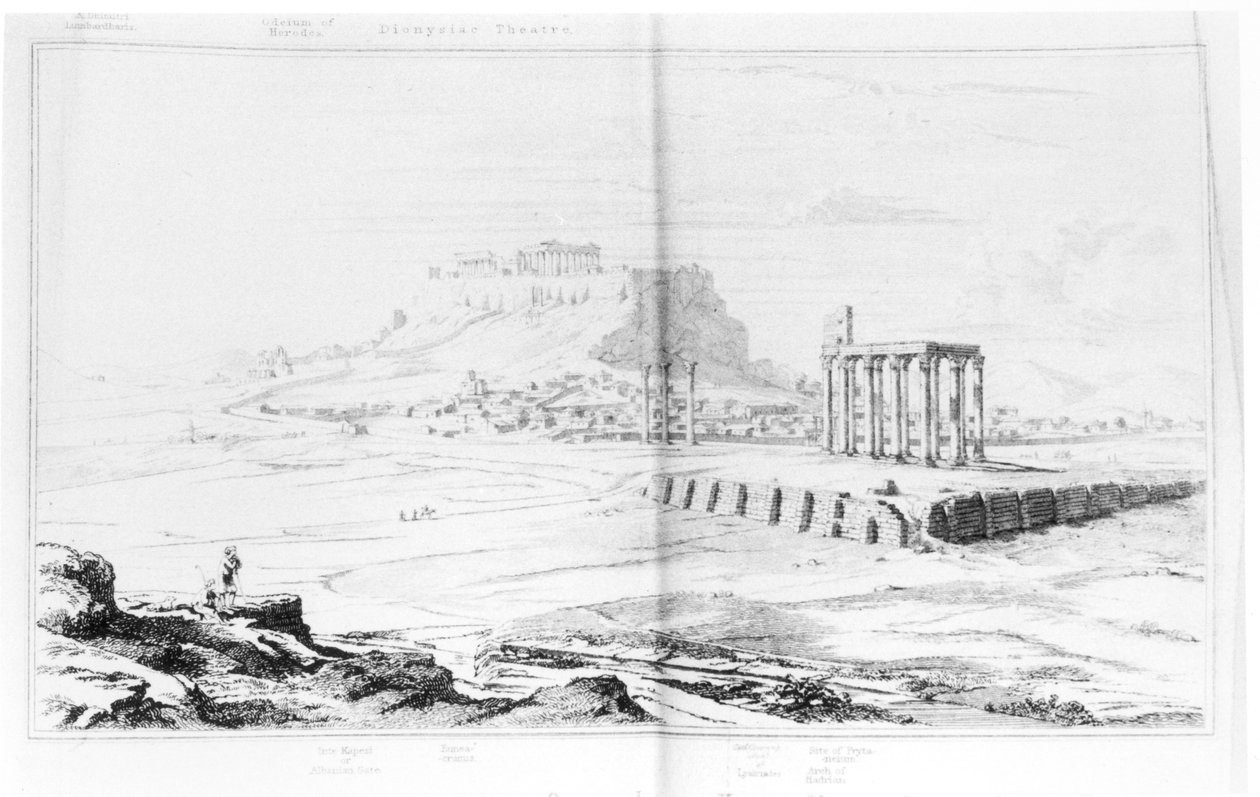 Widok południowy na Akropol, Ateny, z lewego brzegu Ilissusa, z „Topografii Aten” Williama Leake (1777-1860) opublikowanej w 1821 r. autorstwa Charles Robert Cockerell