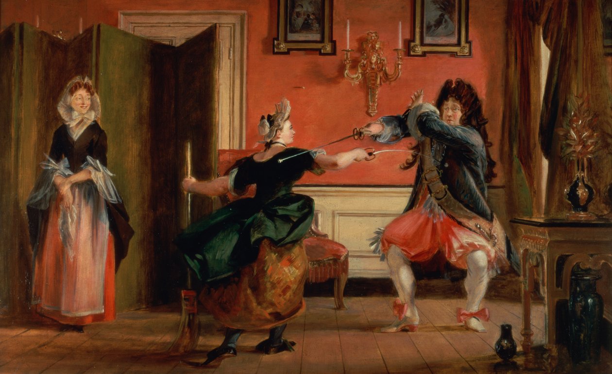 Jourdain ogrodzi swoją pokojówkę, Nicole z żoną, która się przygląda. Scena z „Le Bourgeois Gentilhomme”, akt III, scena 3 autorstwa Charles Robert Leslie