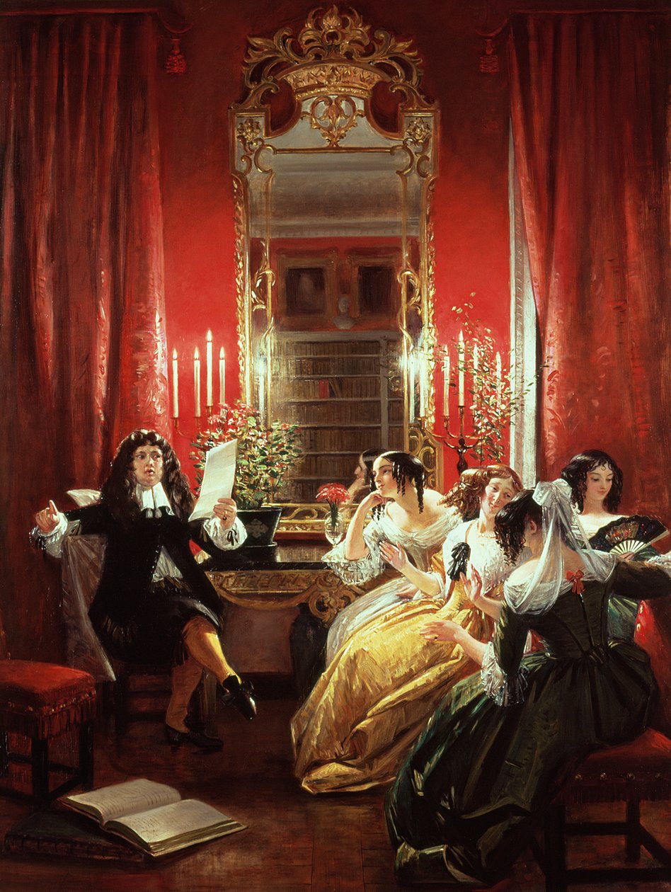 Trissotin czyta swój sonet z „Les Femmes Savantes” Moliera (1622-73) 1846 autorstwa Charles Robert Leslie
