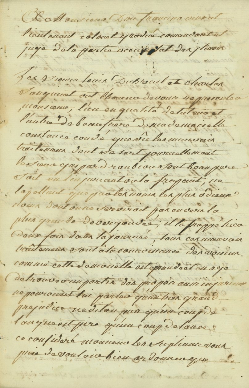 Petycja do monsieur Don Francisco de Cruzat, absolwenta podpułkownika autorstwa Charles Sanguinet
