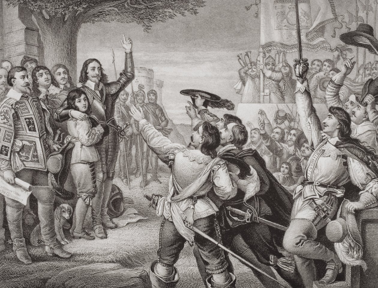 Karol I (1600-49) wznoszący swój sztandar w Nottingham w początkowej scenie Wielkiej Wojny Domowej 25 sierpnia 1642, z „Ilustracji historii angielskiej i szkockiej” Tom I autorstwa Charles West Cope