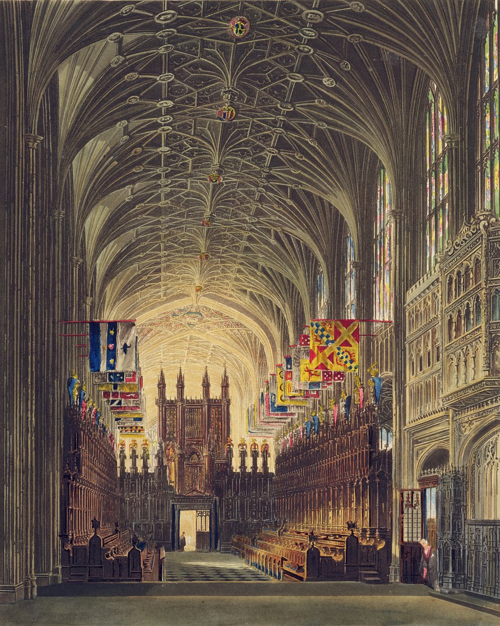 Wnętrze kaplicy św. Jerzego, zamek Windsor, z „Rezydencji Królewskich”, ryt. Thomas Sutherland (ur. 1785), wyd. William Henry Pyne (1769-1843), 1819 (akwatinta) autorstwa Charles Wild