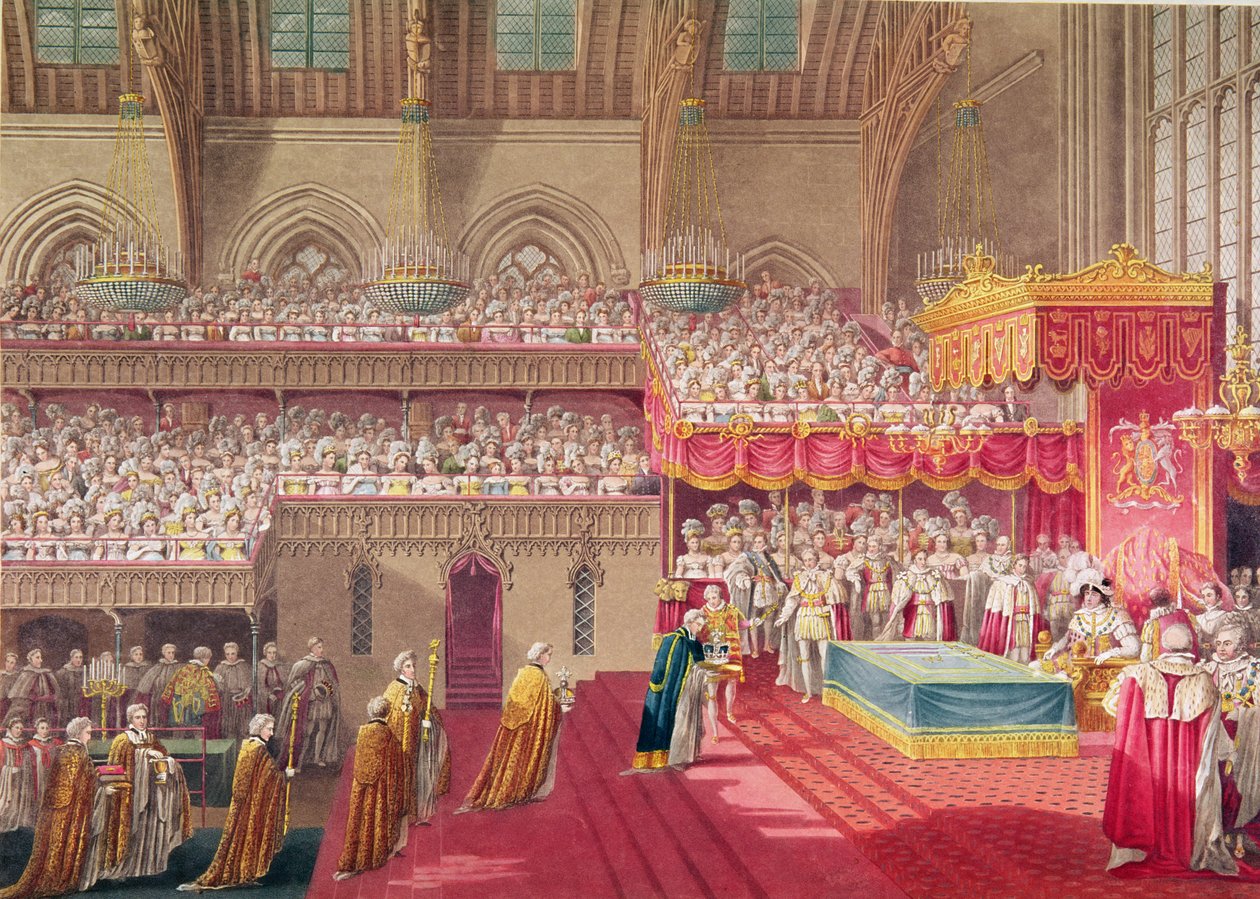 Procesja dziekana i prebendariuszy Westminsteru niosąca regalia, z albumu upamiętniającego koronację króla Jerzego IV (1762-1830) 19 lipca 1821 r., ryt. Matthew Dubourg (fl.1786- autorstwa Charles Wild
