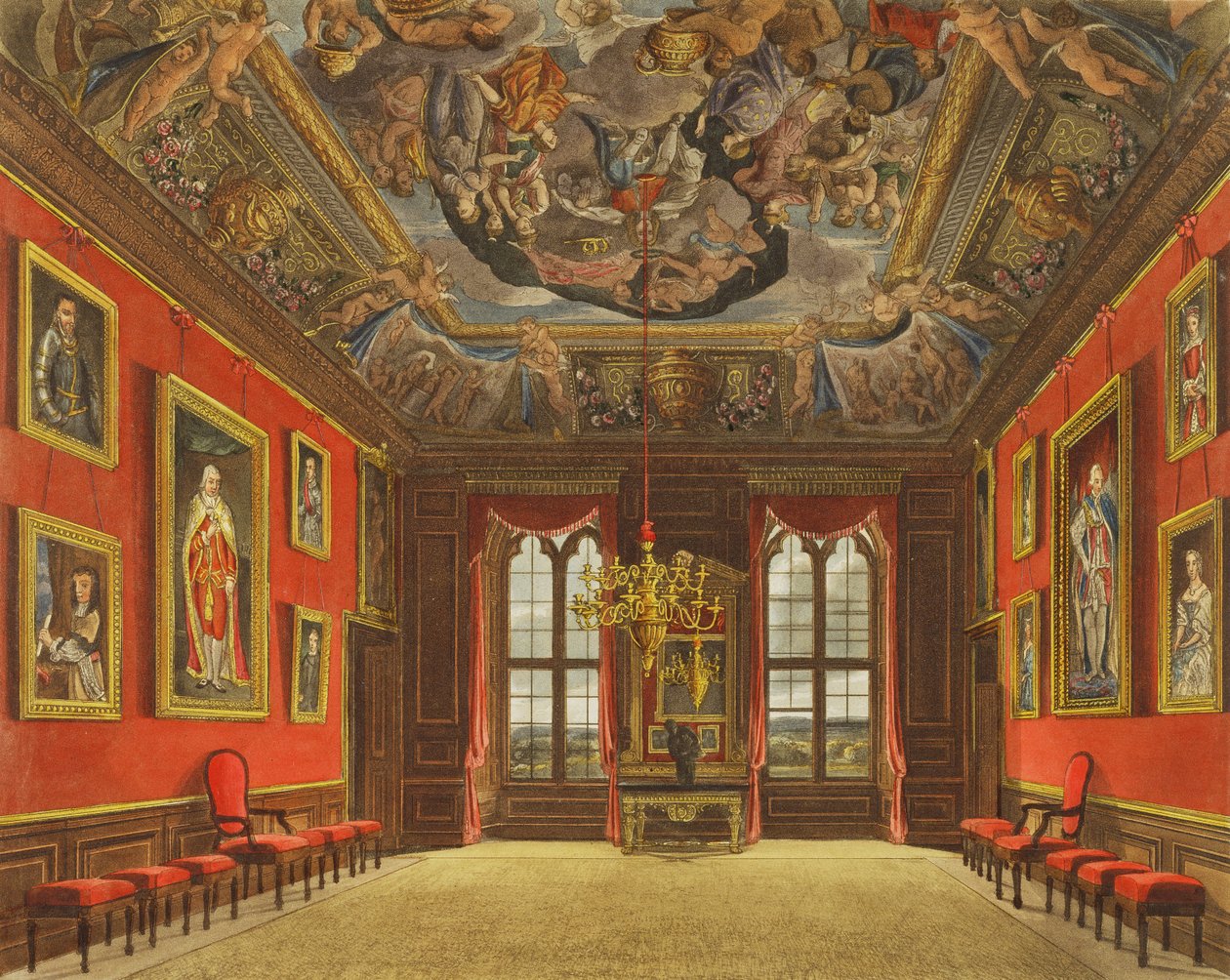 Królewska Stara Stanowa Komnata Łóżkowa, Zamek Windsor, z „Rezydencji Królewskich”, ryty przez Thomasa Sutherlanda (ur. 1785), wyd. William Henry Pyne (1769-1843), 1816 (akwatinta) autorstwa Charles Wild