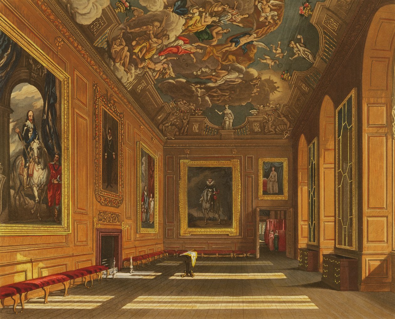 Komnata Obecności Królowej, Zamek Windsor, z „Rezydencji Królewskich”, ryt. W. J. Bennett, wyd. William Henry Pyne (1769-1843), 1819 (akwatinta) autorstwa Charles Wild