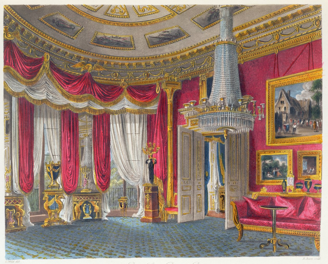 Salon Rose Satin, Carlton House, od strony południowo-zachodniej, ryty: R. Reeve (fl.1811-37), z „Historii rezydencji królewskich” Williama Henry