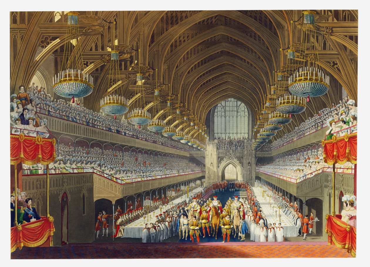 Bankiet królewski, pierwsze danie, z albumu z okazji koronacji króla Jerzego IV (1762-1830) 19 lipca 1821 r., rycina Williama Jamesa Bennetta (1787-1844) wydana w 1824 r. autorstwa Charles Wild