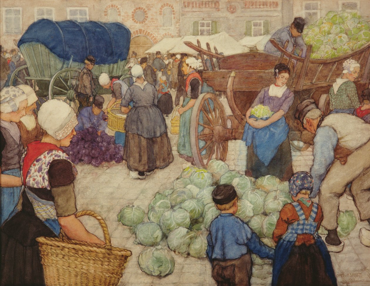 Zielony rynek, Sprzedawcy kapusty, 1900 (wc na papierze) autorstwa Charles William Bartlett