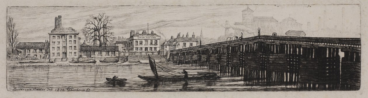 Widok na Battersea Bridge z brzegu Middlesex, 1874 autorstwa Charles William Sherborn