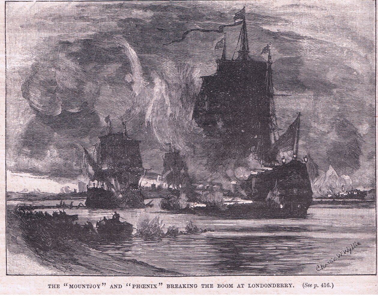 Statki "Mountjoy" i "Phoenix" przerywające boom w Londonderry AD 1689 autorstwa Charles William Wyllie