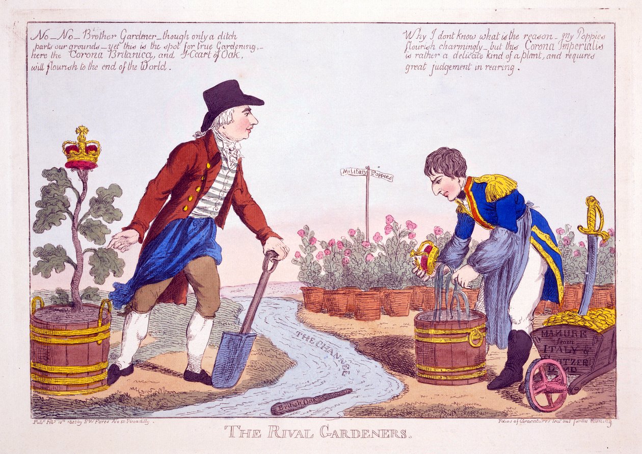 The Rival Gardeners, pub. 1803 (rycina ręcznie kolorowana) autorstwa Charles Williams