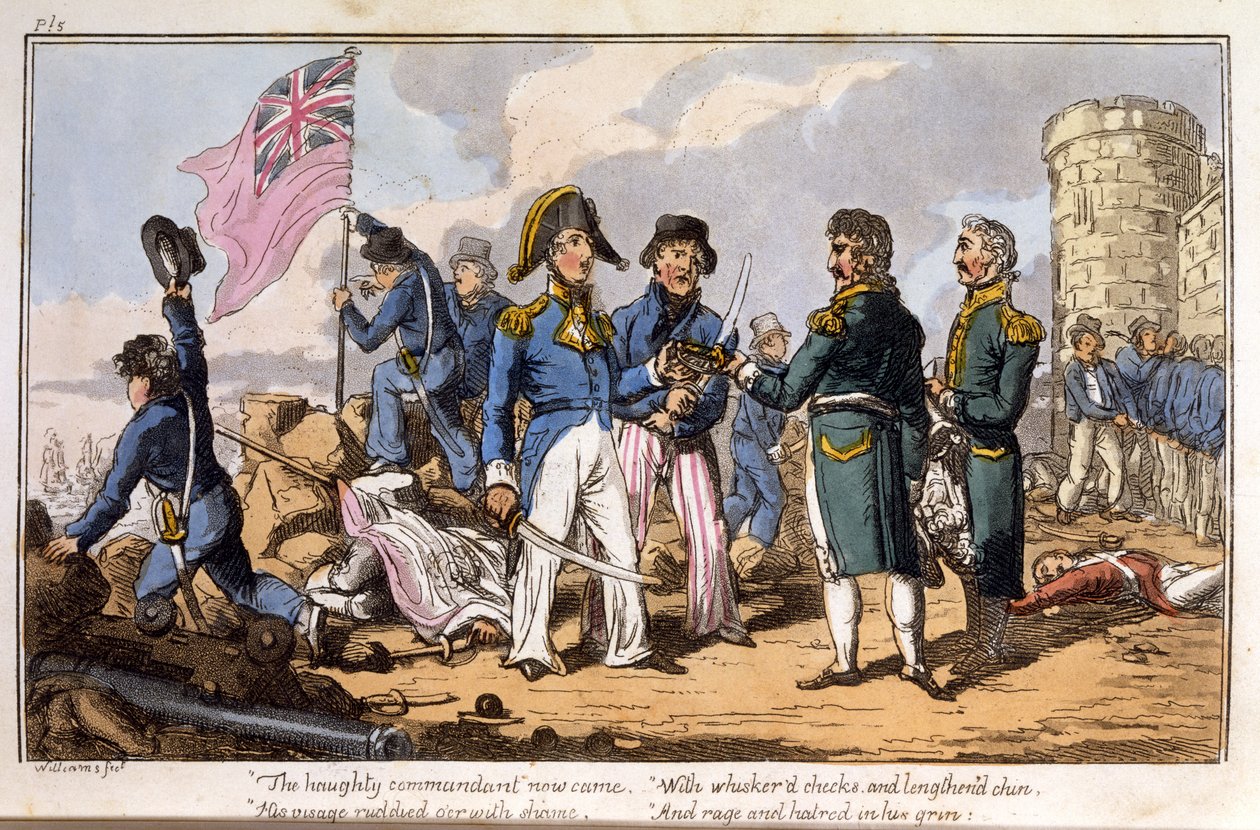 Wyniosły komendant przyszedł teraz ... z Przygód kapitana poczty, wyd. Oficer Marynarki Wojennej, pub. 1820 (akwatinta ręcznie kolorowana) autorstwa Charles Williams