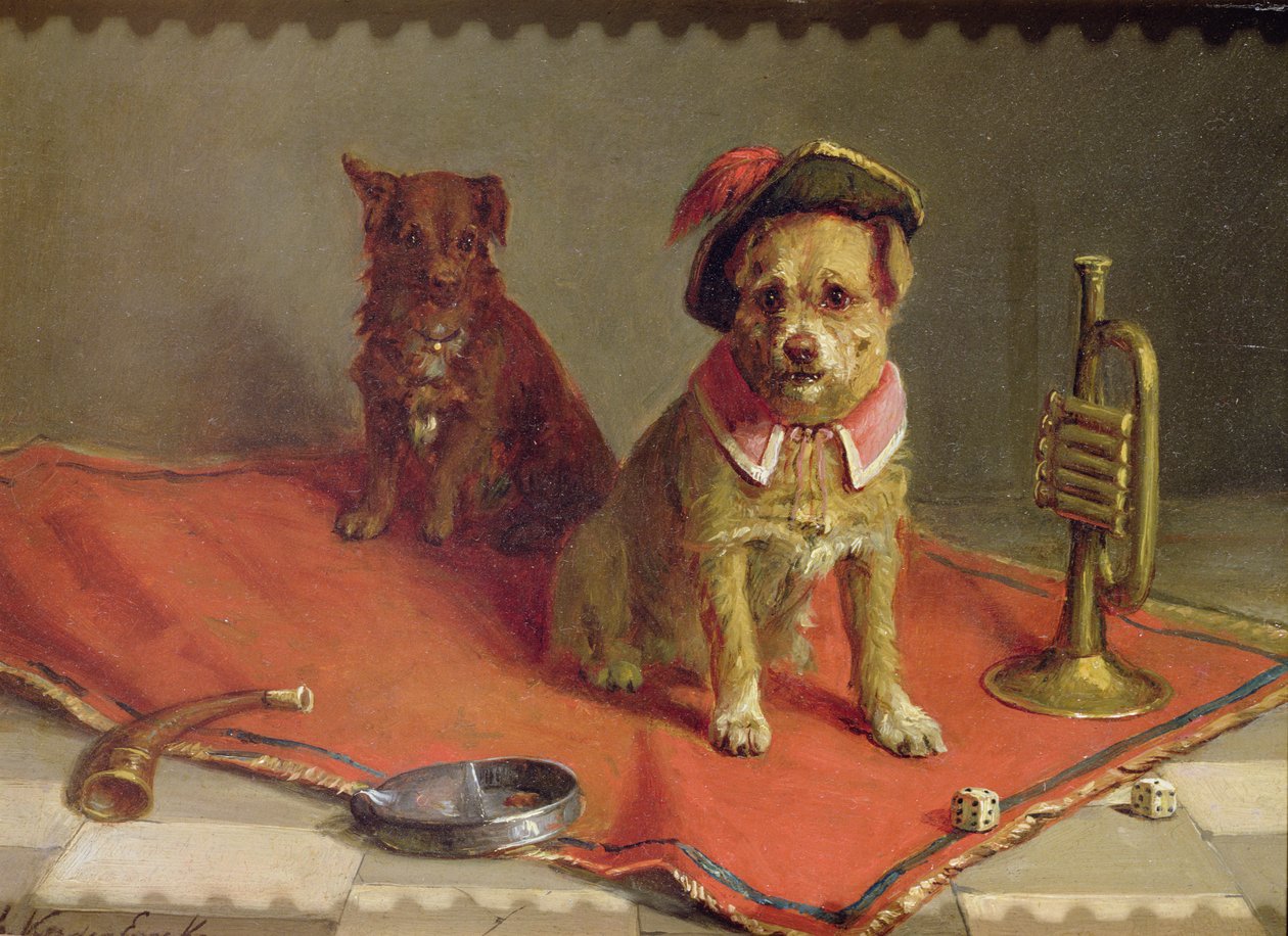 Pies w wojskowej czapce i obroży z trąbką i kostką autorstwa Charles van den Eycken