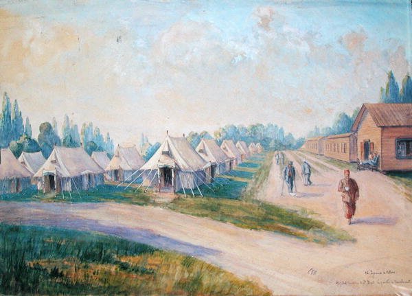 Rekonwalescencyjna dzielnica Kanadyjskiego Szpitala Wojskowego w St. Cloud (akwarela na papierze) autorstwa Charles Andre Igounet de Villers