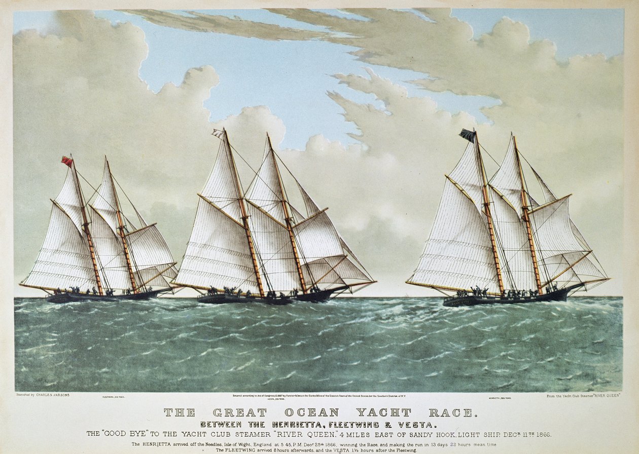 Great Ocean Yacht Race z 1866 roku pomiędzy Henrietta, Vesta i Fleetwing, opublikowany przez Currier & Ives autorstwa Charles (after) Parsons