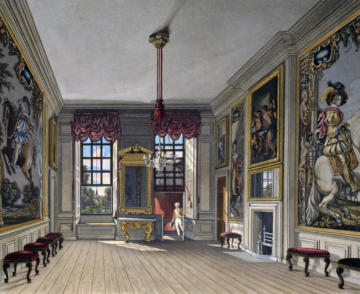 Audience Hall of Queen, Grawerowanie Williama Jamesa Bennetta (1787-1844), według projektu Charlesa Wilda (1781-1835), Z historii rezydencji królewskich autorstwa Charles (after) Wild