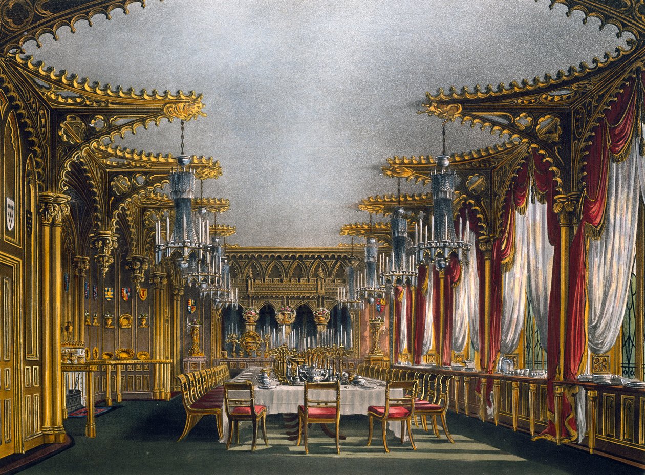 Gotycka jadalnia, Grawer Thomas Sutherland (1785-1838), wg projektu Charlesa Wilda (1781-1835), Z historii rezydencji królewskich autorstwa Charles (after) Wild